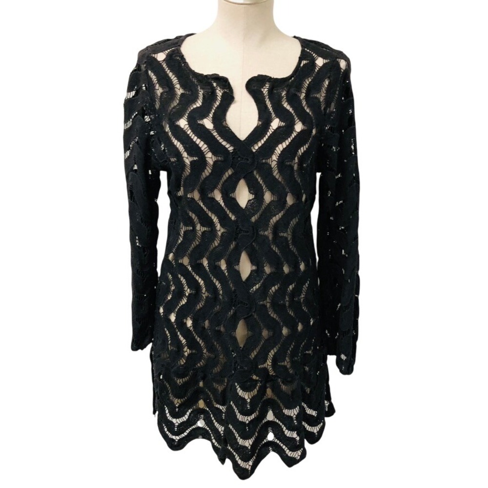 Eberjey Lace Cover Up Dress Womens Medium Black Long Sleeve Sheer Crochet Mini